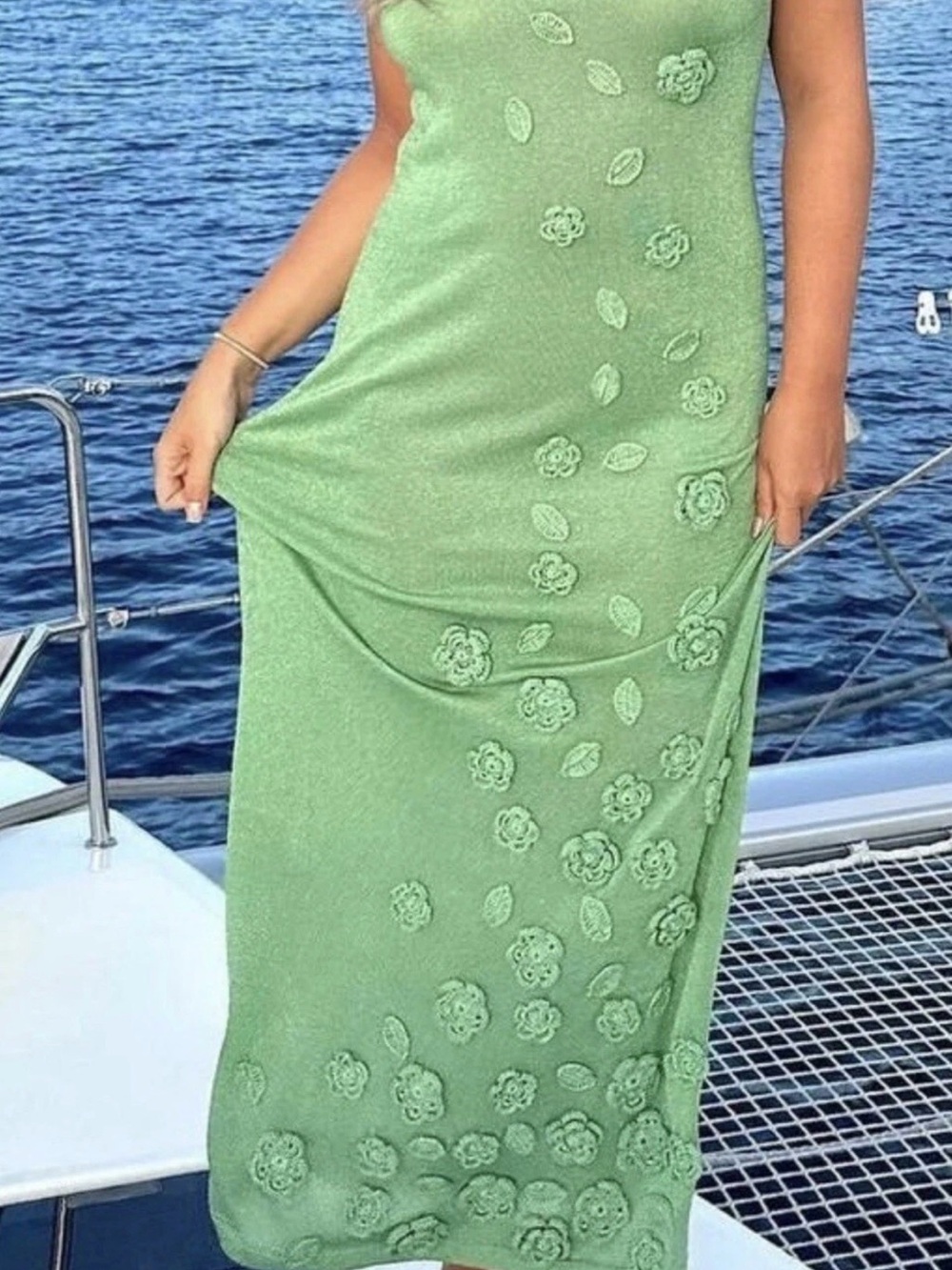 Caroline Constas Green Metallic Floral-Appliqué Maxi Dress
